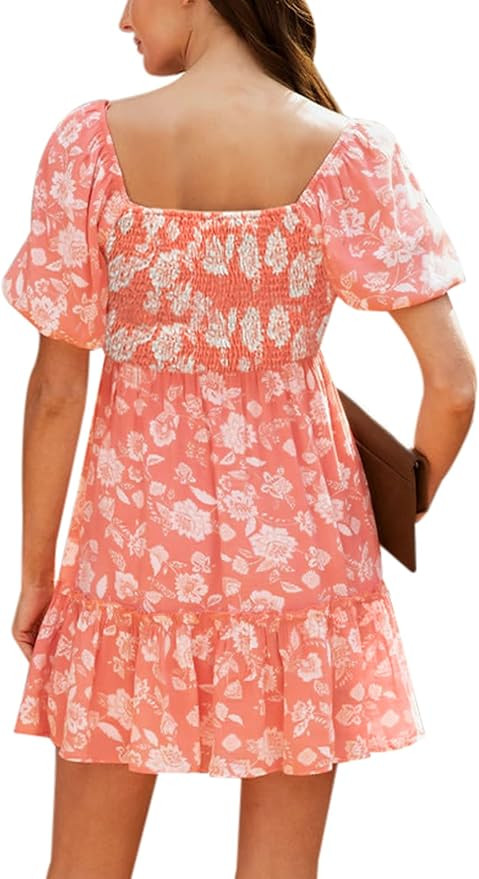 Relipop Womens Dress Floral/Solid Square Neck Puffy Sleeve High Waist Swing Ruffle Hem Short Mini... | Amazon (US)