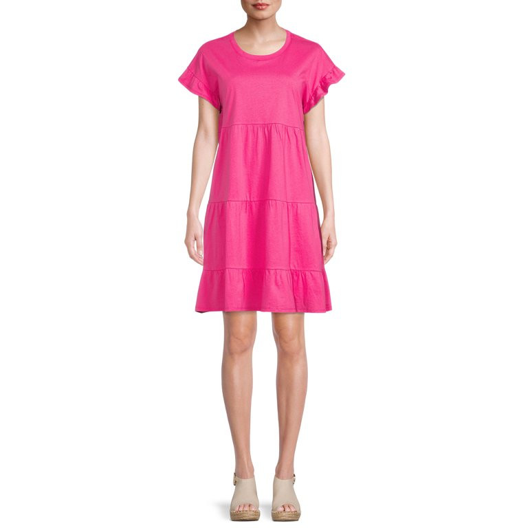 Time and Tru Women's Short Sleeve Flutter Tiered Dress | Walmart (US)