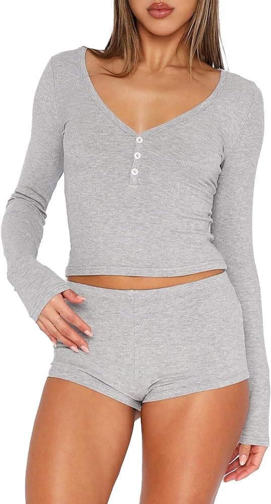 ForeFair Women 2 Piece Ribbed Knit Pajama Set Button Long Sleeve Tops and Shorts Lounge Sweatsuit... | Amazon (US)