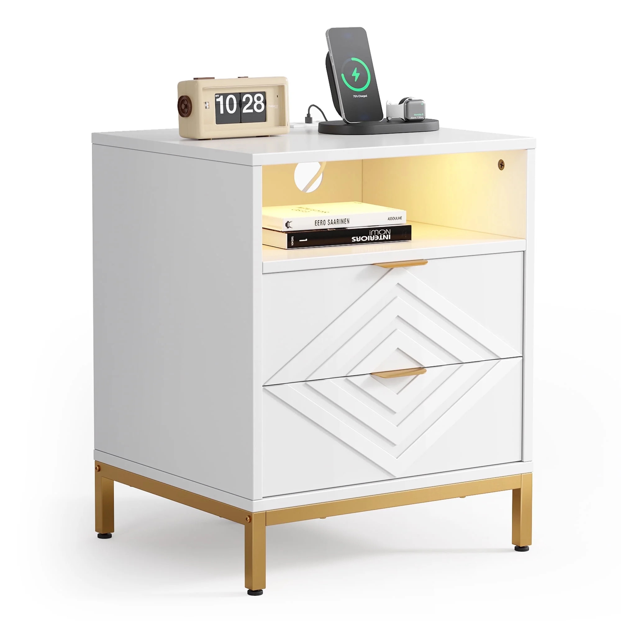 MARNUR LED Nightstand with 2 Drawers, Charging Station, White Modern Night Table High Gloss End S... | Walmart (US)