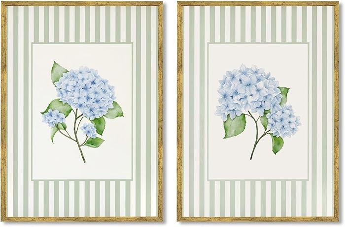 Green Striped Blue Hydrangea Wall Art Set French Country Floral Canvas Prints Vintage Grandmillen... | Amazon (US)