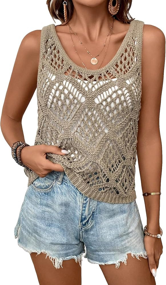 COZYEASE Women's Crochet Tank Tops Knit Sweater Vest Hollow Out Sleeveless Cover Up Summer Boho T... | Amazon (US)