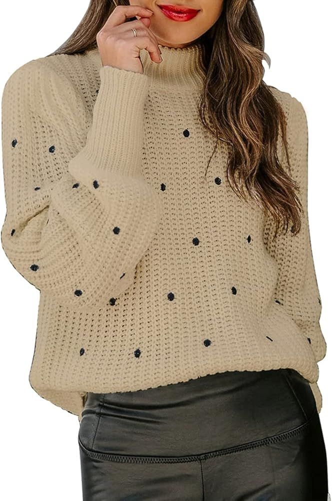 KIRUNDO 2022 Fall Winter Women's Long Sleeve Turtleneck Sweaters Casual Loose Cute Polka Dot Knit... | Amazon (US)