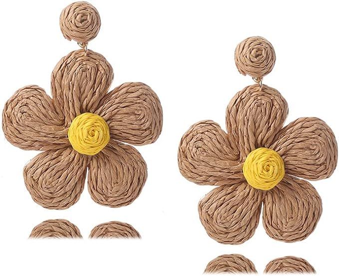 Rattan Earrings - Raffia Straw Wrapped Flower Drop Dangle Earrings - Colorblock Floral Earrings S... | Amazon (US)