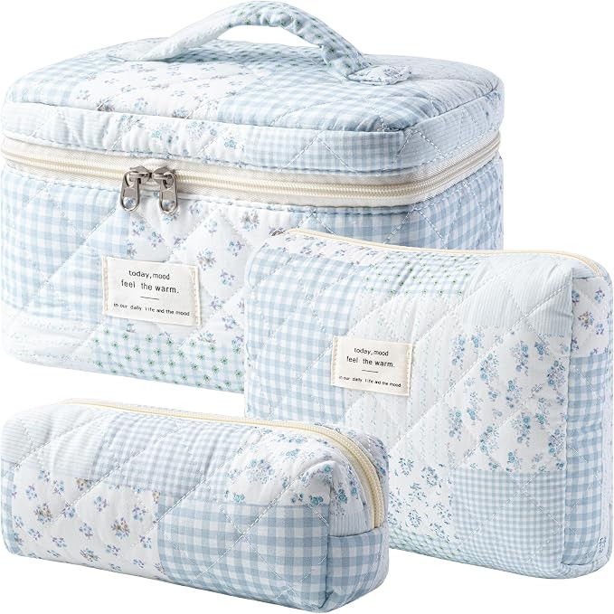 HBselect Quilted Makeup Bag, 3PCS Cotton Large Travel Makeup Bag, Cute Floral Coquette Make up Ba... | Amazon (US)