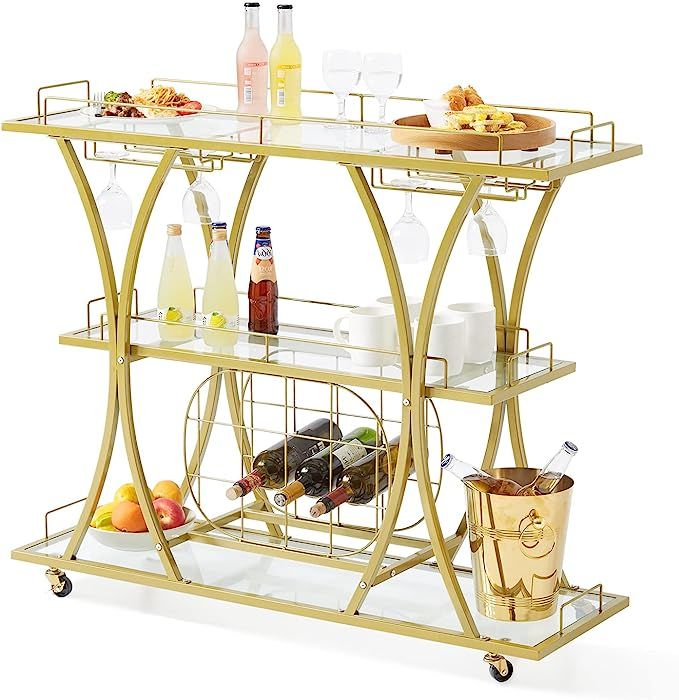 VEVOR Bar Cart Gold, 3 Tiers Home Bar Serving Cart on Lockable Wheels, Rolling Alcohol Cart with ... | Amazon (US)