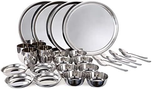 Vinod Stainless Steel Dinner Set- 4 Plates, 8 Bowls, 8 Spoons, 4 Glasses, 4 Halwa Plates | Amazon (US)