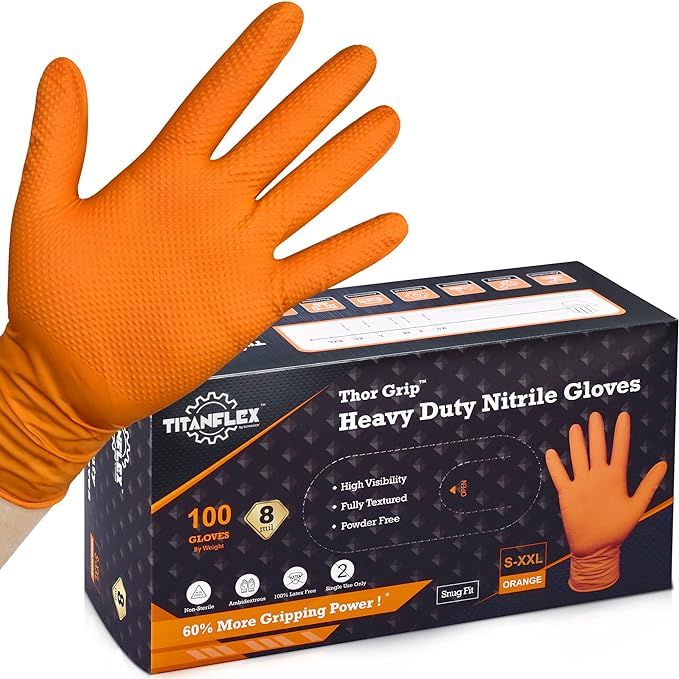TITANflex Thor Grip Heavy Duty Industrial Orange Nitrile Gloves with Raised Diamond Texture, 8-mi... | Amazon (US)