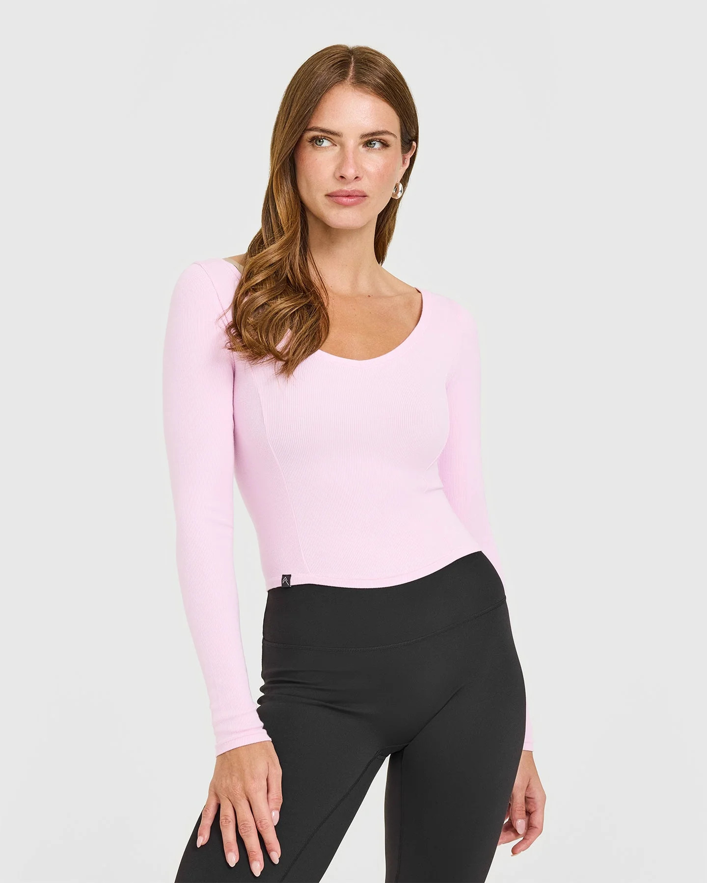 Mellow™ Rib V Neck Mid Long Sleeve Top 
 Chalk Pink | Oner Active (UK / US)