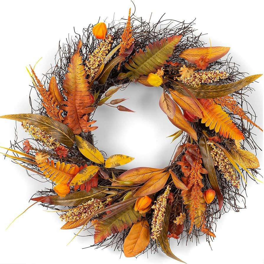 Fall Wreath for Thanksgiving Decorations 24inch - Walasis Large Wheat Wreaths for Front Door - Ha... | Amazon (US)