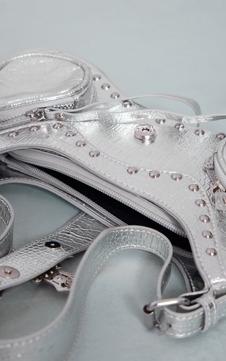 Silver Croc Diamante Cross Western Shoulder Bag | PrettyLittleThing US