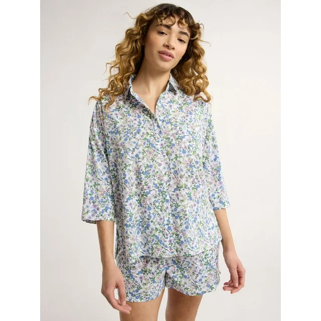 Joyspun Women's and Women’s Plus Woven Shirt and Shorts Pajama Set, Sizes XS to 3X - Walmart.co... | Walmart (US)