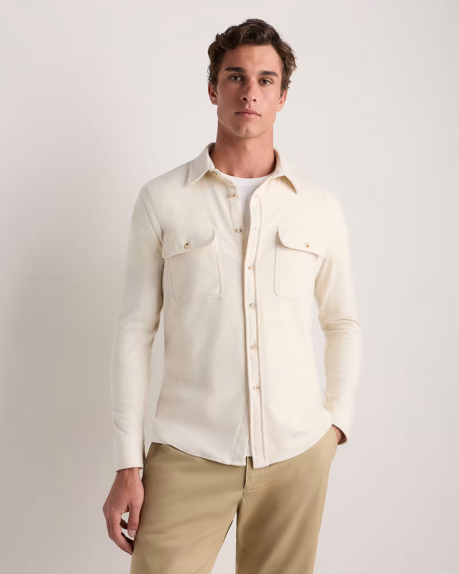 Men's Stretch Sweater Fleece Shirt in Off White | Quince