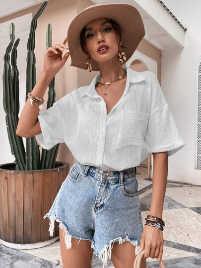 Roll Up Sleeve Pocket Front Textured Knit Blouse | SHEIN