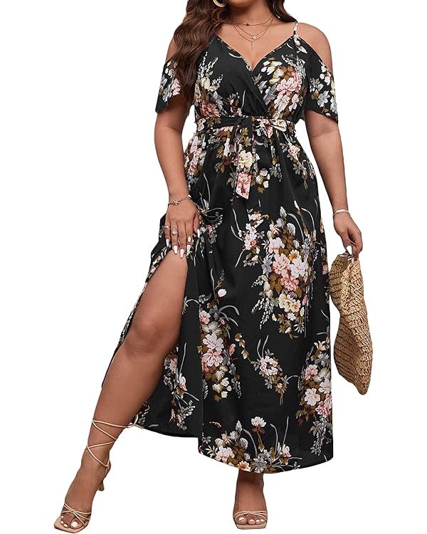 Floerns Women's Plus Size Cold Shoulder Short Sleeve Split Thigh Long Dress | Amazon (US)