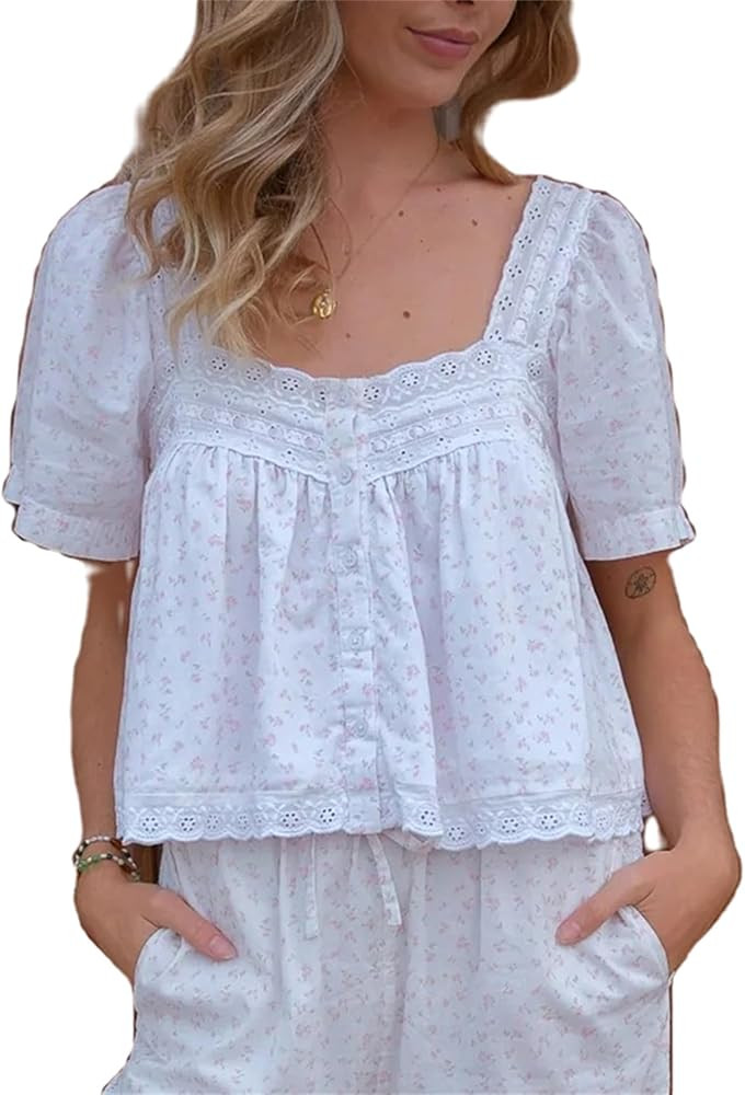 Women Lace Trim Flowy Shirt Y2k Half Short Sleeve Ruffle Low Cut Babydoll Tops Boho Cute Fairy Go... | Amazon (US)