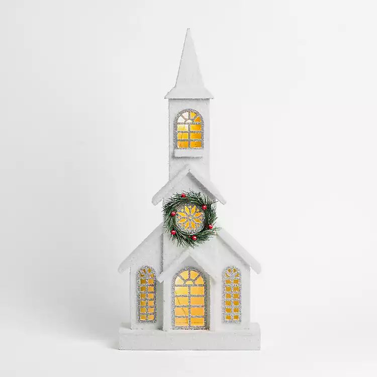 LED Flocked White Christmas Church Statue | Kirkland's Home