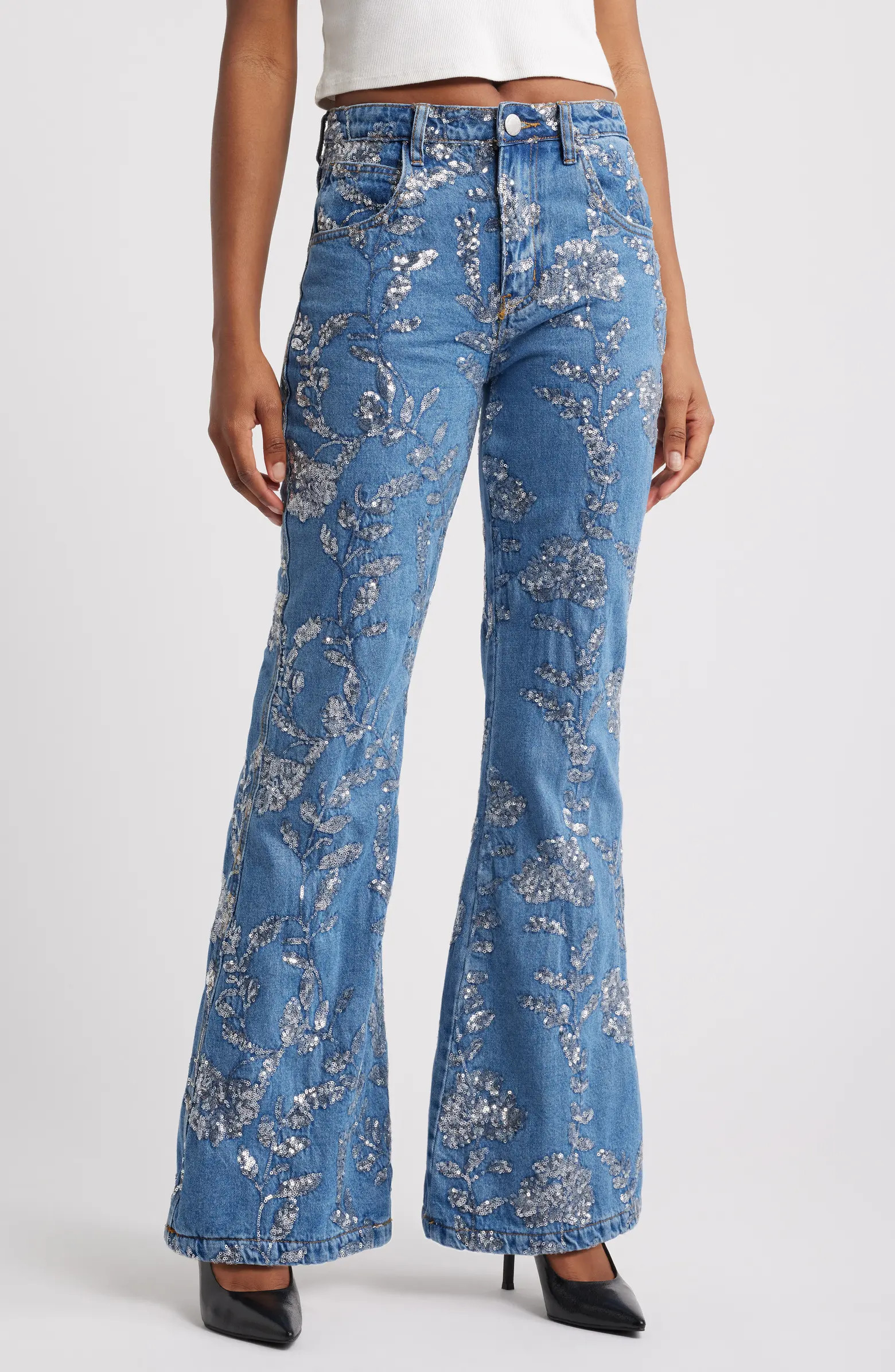 Floral Sequin High Waist Flare Jeans | Nordstrom