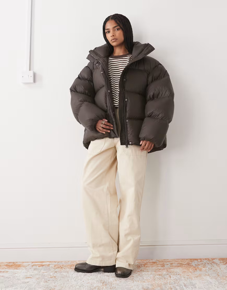 Weekday premium down puffer coat in dark brown | ASOS (Global)