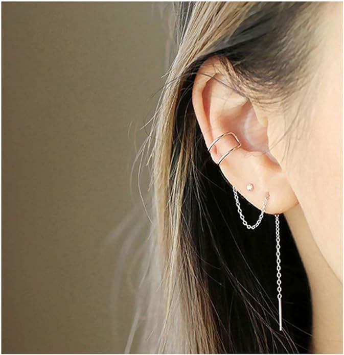 SLUYNZ 925 Sterling Silver Cuff Earrings Chain for Women Clip Ons Earrings Crawler Earrings | Amazon (US)