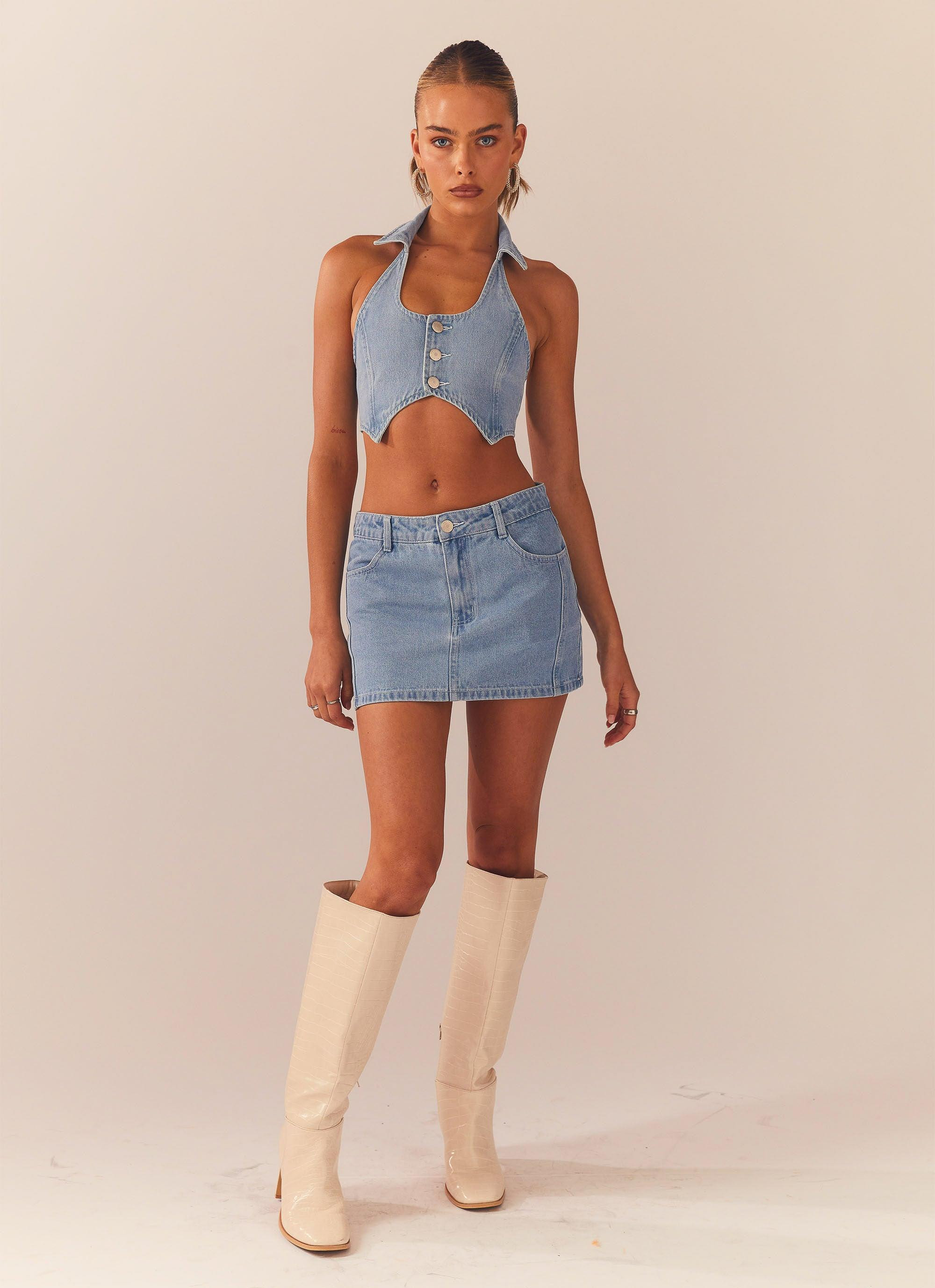Giddy Up Denim Mini Skirt - Subdued Blue | Peppermayo (Global)
