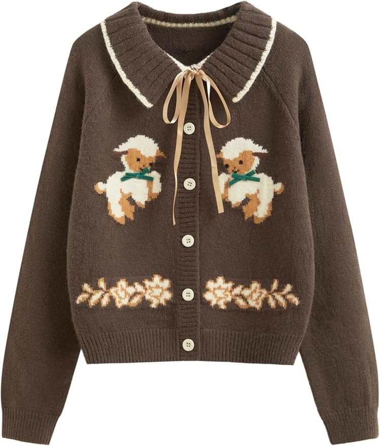 CIDER Women Going Out Knit Cute Cardigan Sweater Sheep Embroidery Ribbon Tie Casual Cardigan | Amazon (US)