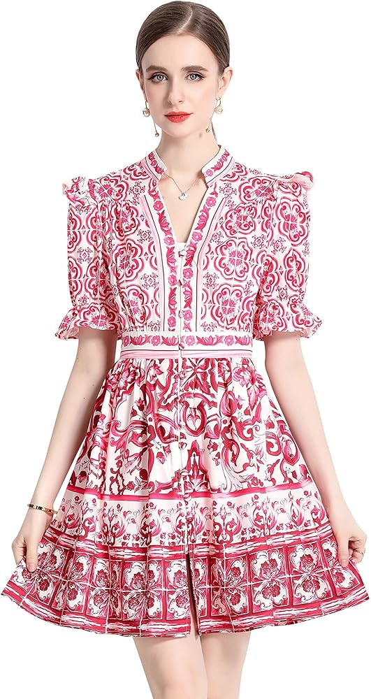 LAI MENG FIVE CATS Women's Summer Mini Dress Puff Short Sleeve V-Neck Floral Print Casual Slit Dr... | Amazon (US)