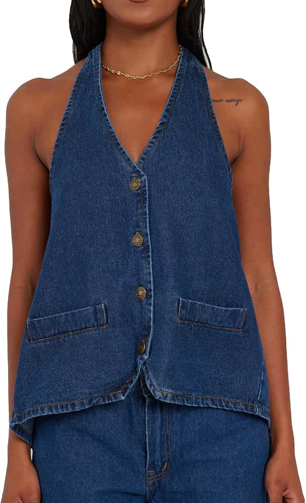 Kedera Women's Tie Up Denim Vest Button Down Backless Denim Tank Top V Neck Sexy Loose Fashion Cr... | Amazon (US)