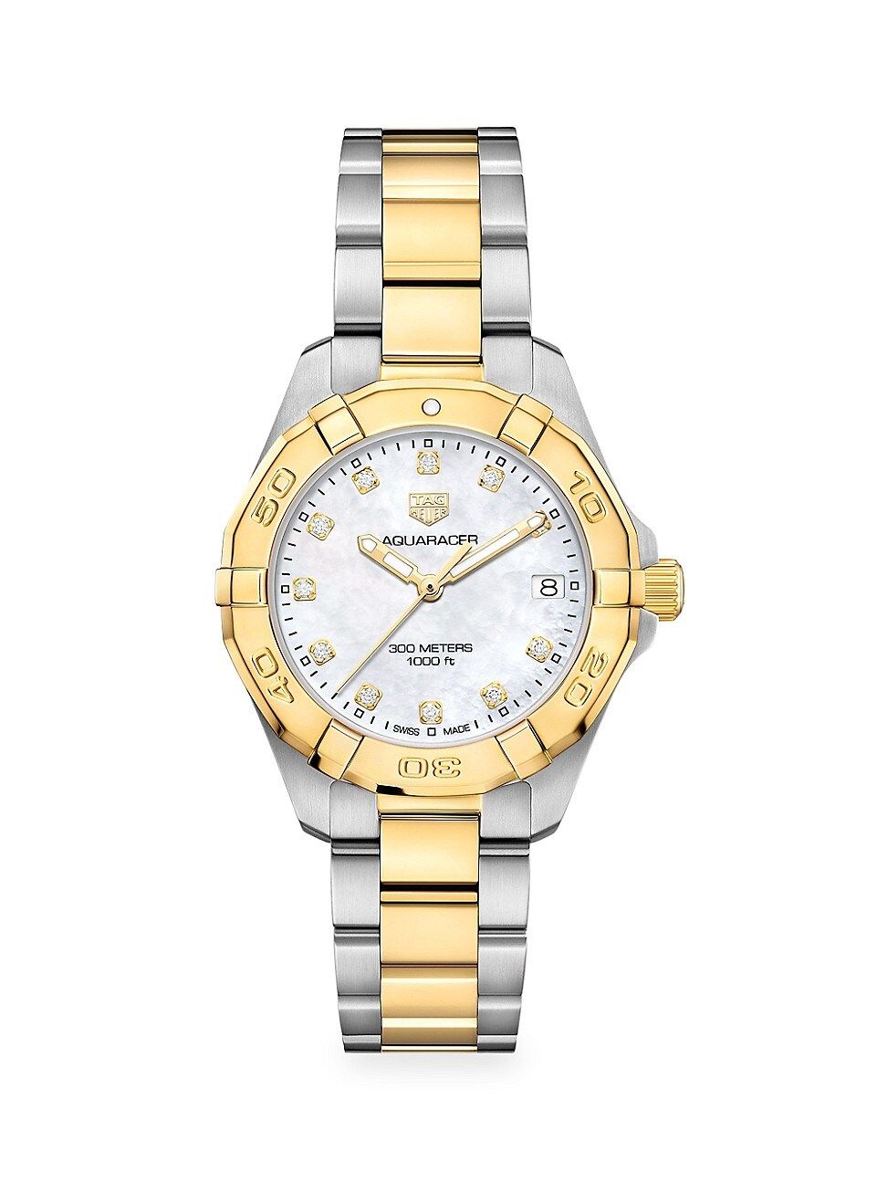Aquaracer 32MM Stainless Steel, Yellow Goldplated, Diamond & Mother-of-Pearl Quartz Bracelet Watch | Saks Fifth Avenue