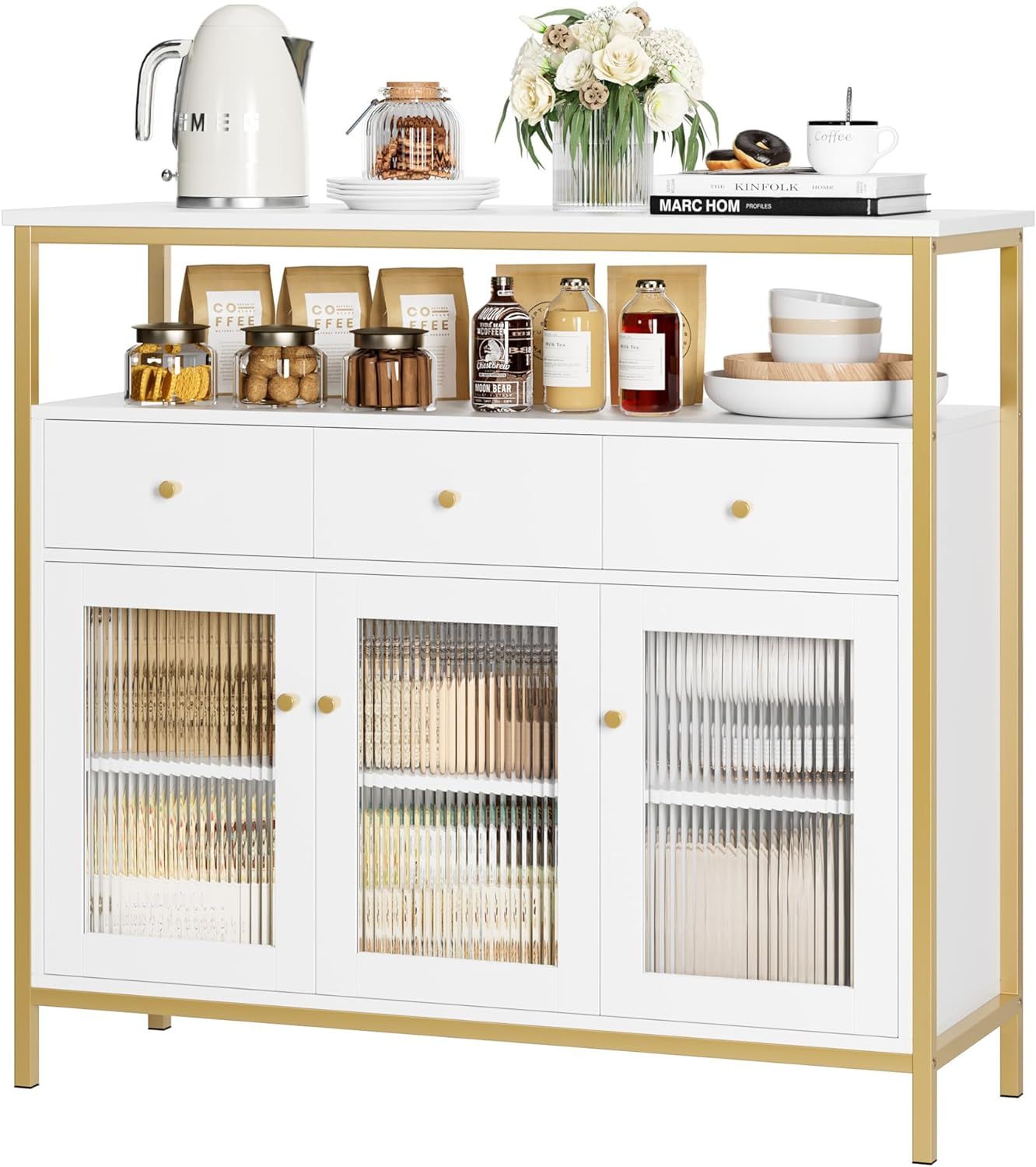 finetones Buffet Cabinet with Storage, 43.3" Sideboard Buffet Cabinet, White and Gold Kitchen Cab... | Amazon (US)