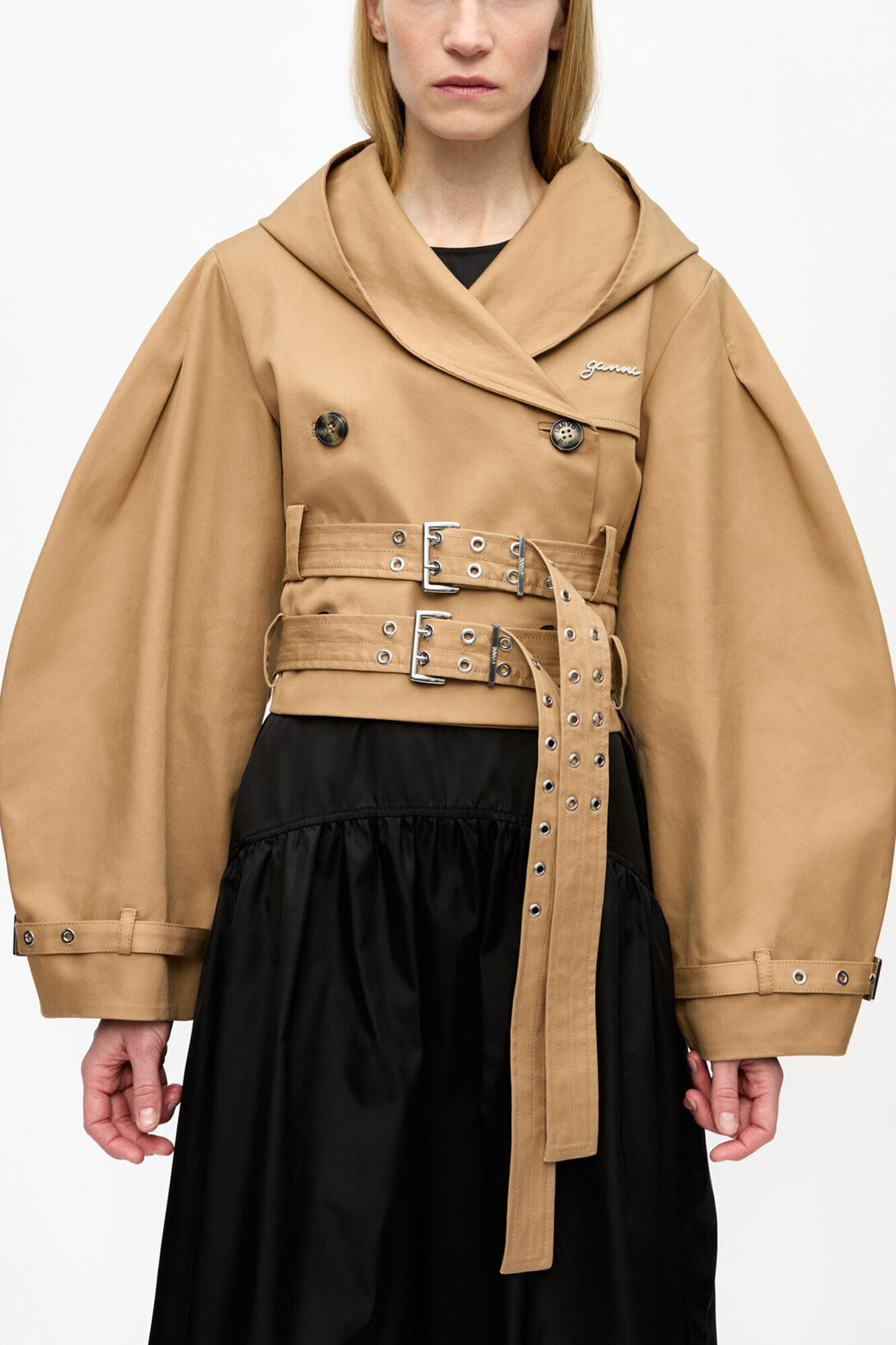 GANNI Beige Camel Bonded Cotton Short Trench Jacket - Size 36 Organic | Ganni