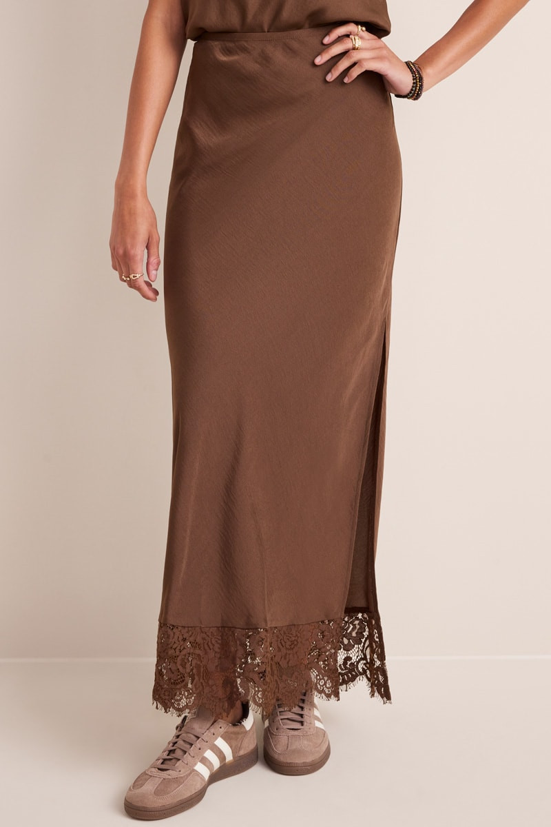 Jill Lace Hem Satin Midi Skirt | Francesca's