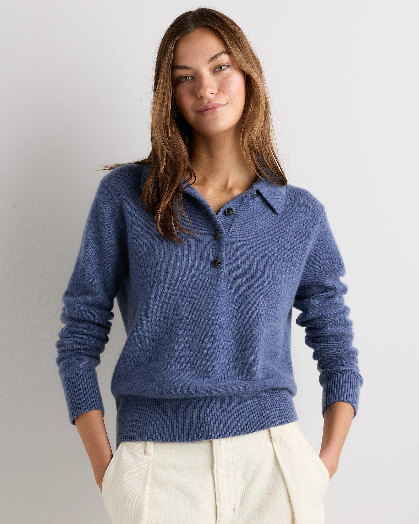 Quince | Women's Mongolian Cashmere Button Polo Sweater in Heather Grey, Size Small | Quince