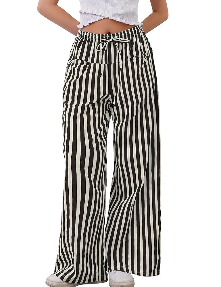 MISSACTIVER Women Drawstring Striped Pants Loose Wide Leg Trousers Casual Low Waist Pants Comfy L... | Amazon (US)