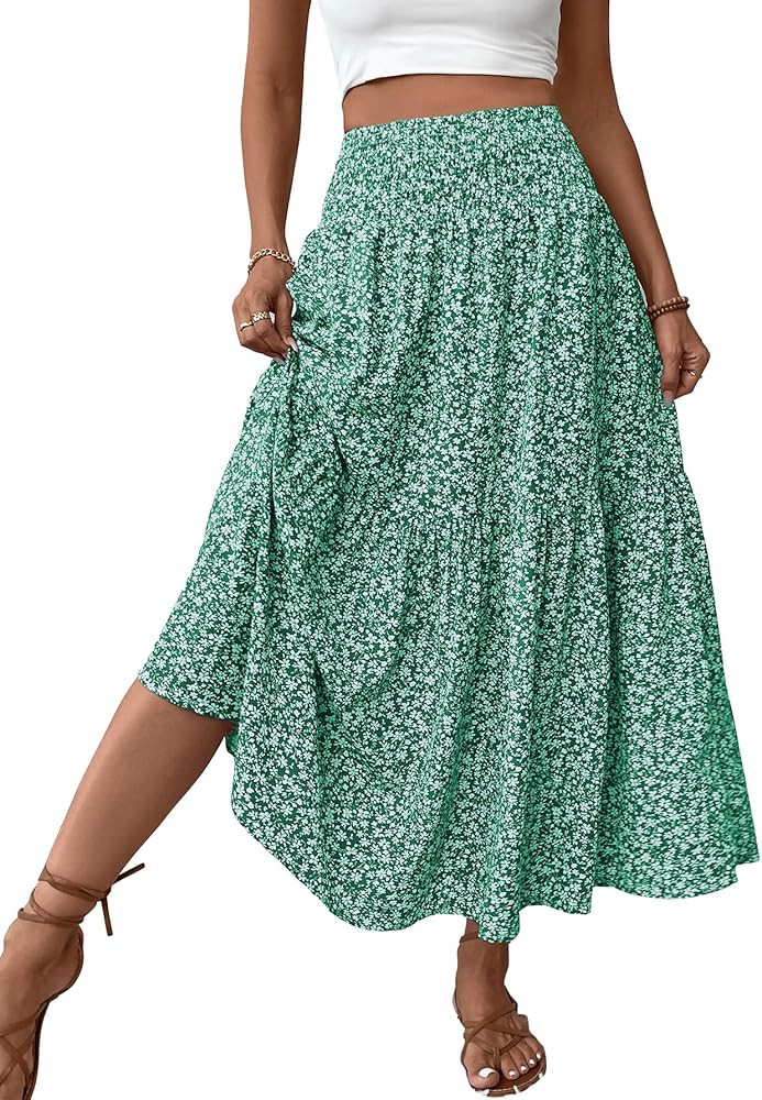 Women's Smocked High Waist Maxi Skirt Casual Boho Long Skirts with Pockets | Amazon (US)