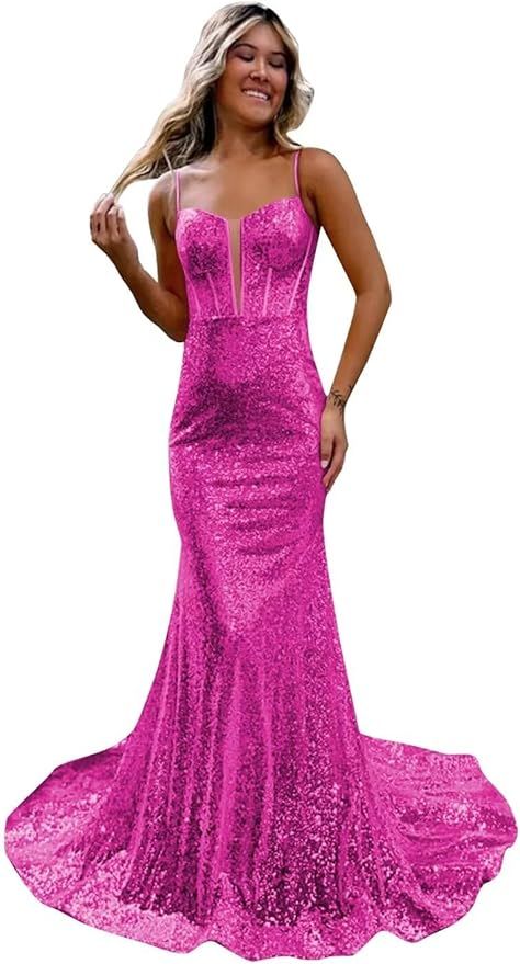 Sparkly Sequin Mermaid Prom Dress Spaghetti Straps Formal Evening Dresses Long | Amazon (US)