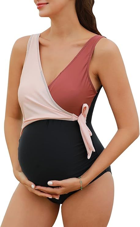 Summer Mae Maternity Swimsuit One Piece Tie Front Bathing Suit V Neck Pregnancy Swimwear High Cut | Amazon (US)