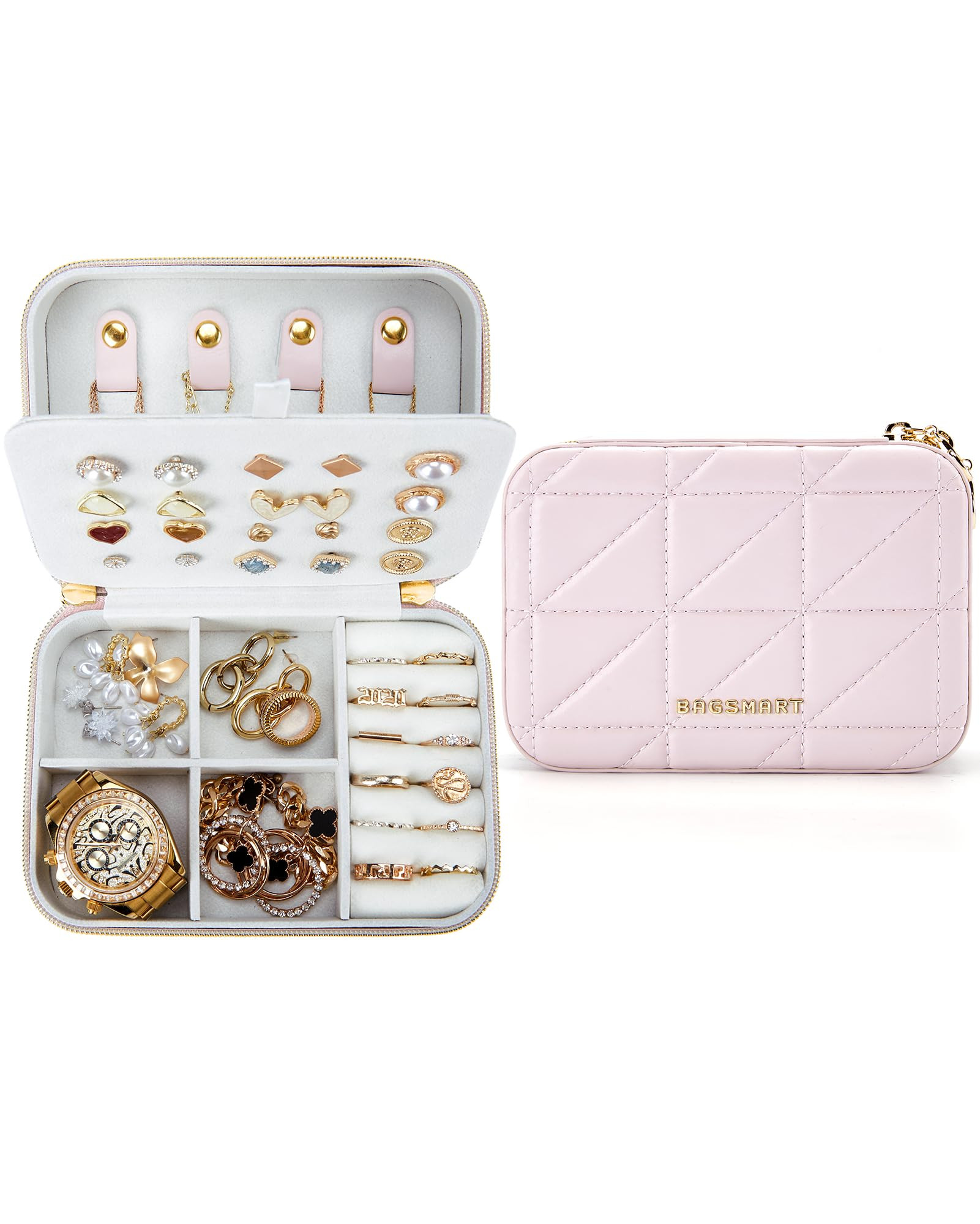 BAGSMART Travel Jewelry Box, Small PU Leather Jewelry Organizer, Portable Double Layer Case for N... | Amazon (US)