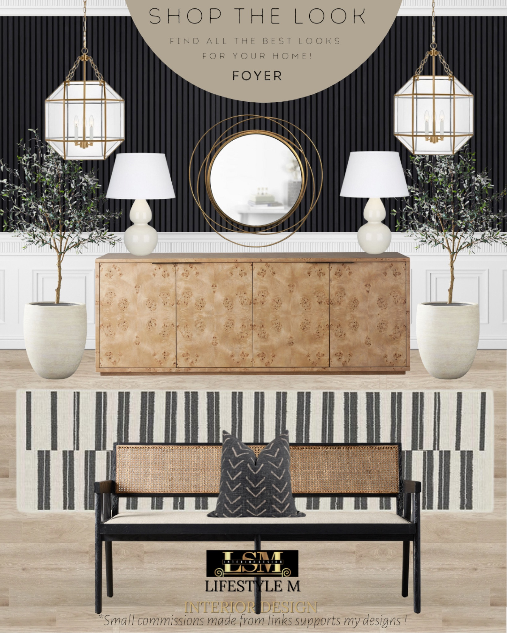 Black modern transitional foyer design idea. Black upholstered bench, white black strip runner rug, wood console table, white table lamp, brass round mirror, glass brass pendant chandelier, black wall panels, white tree planter pots, realistic fake tree.

#LTKhome #LTKFind #LTKstyletip