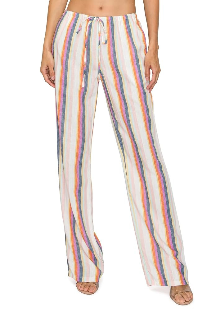 Cali1850 Women's Printed Linen Pants - 30" Inseam Drawstring Elastic Waist Casual Pull On Beach L... | Amazon (US)