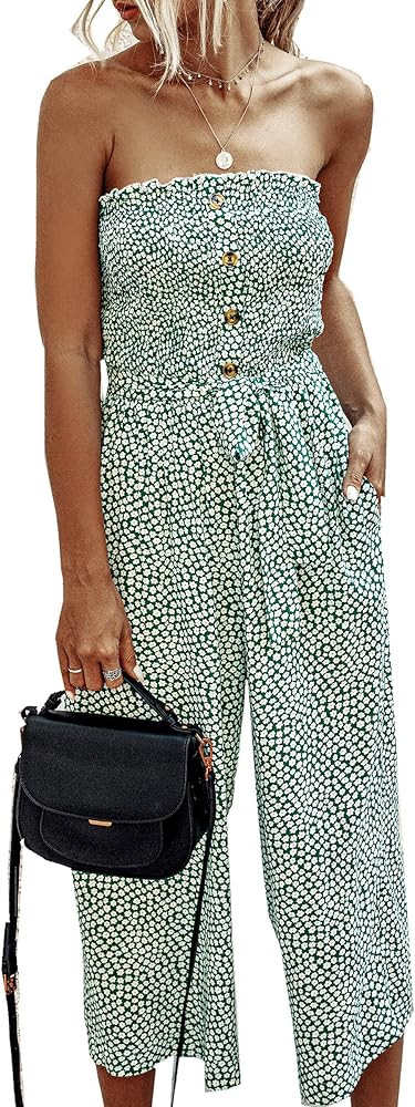 Angashion Women’s Jumpsuit-Casual Off Shoulder Sleeveless Ruffle Button Belt Wide Leg Jumpsuits Romp | Amazon (US)