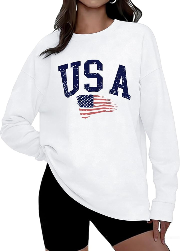 KESIHAN Women USA American Flag Shirt Long Sleeve Graphic Tees for Women Casual Crew Neck Top | Amazon (US)