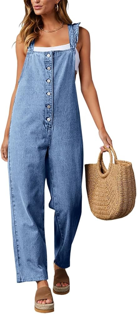 Tongmingyun Women's Loose Denim Overalls Jumpsuits Ruffle Sleeve Button Down Straight Leg Jeans L... | Amazon (US)
