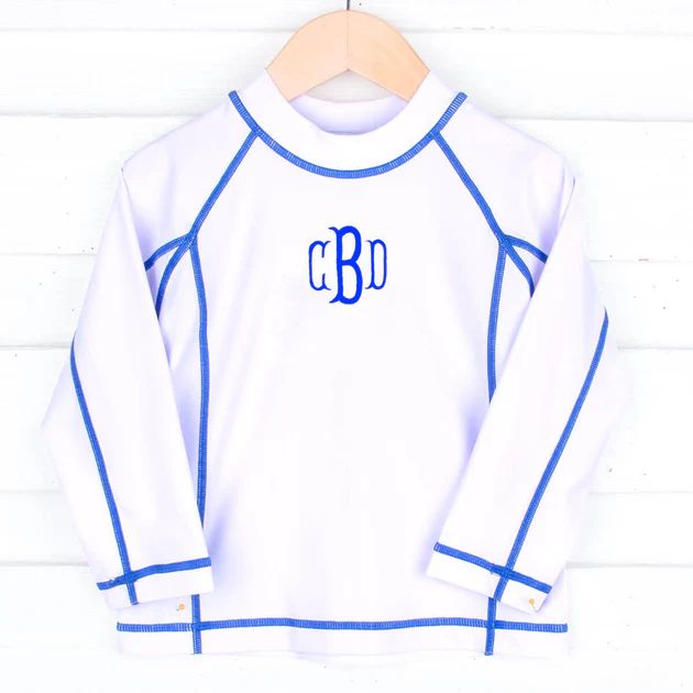 White Long Sleeve Rash Guard with Royal Blue Trim | Classic Whimsy