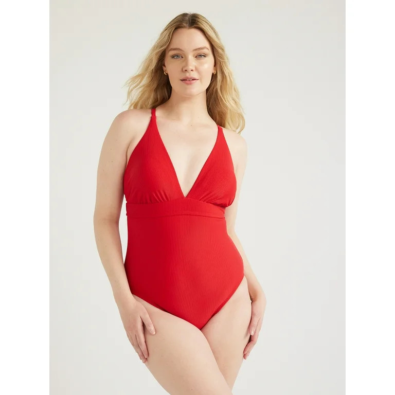 Time and Tru Women's and Women's Plus Plunge X Back One Piece Swimsuit, Sizes XS-2X | Walmart (US)