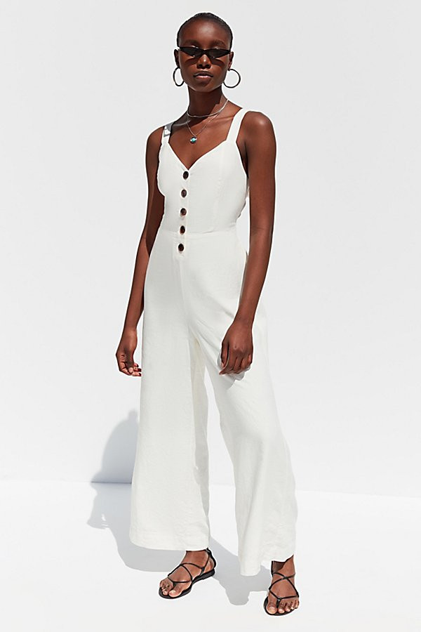 UO Ashley Button-Down Tie-Back Jumpsuit - White XS at Urban Outfitters | Urban Outfitters (US and RoW)