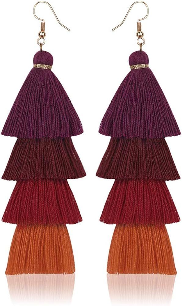 Bohemian Layered Long Pom Pom Tassel Earrings Drop Dangle Tiered Ombre Fringe for Women Teen Girl... | Amazon (US)