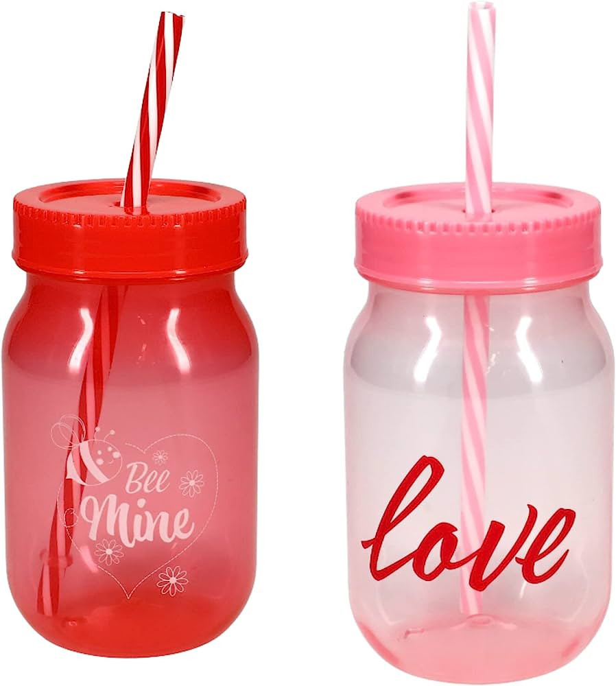 GCM Valentine's Day Plastic Pint Jar Tumbler with Lids & Straw 16oz Red Pink Reusable Cups for Ki... | Amazon (US)