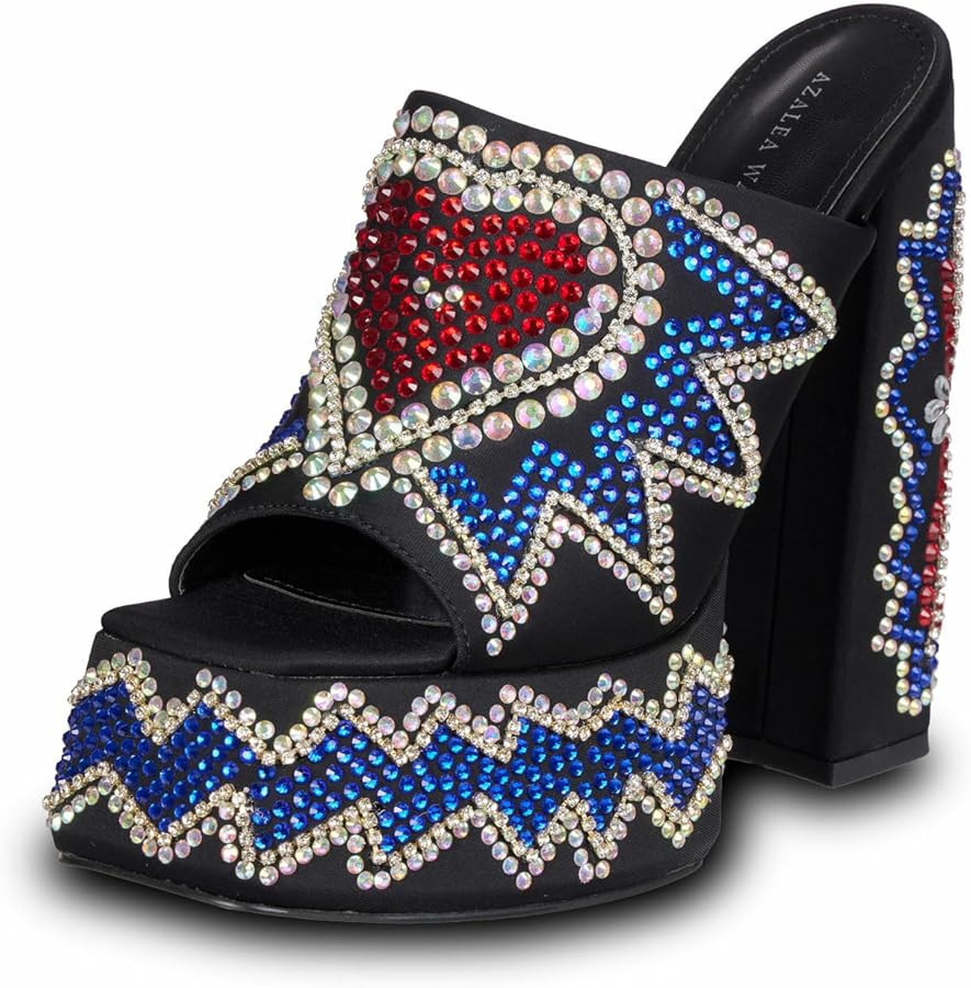 Logan Black Platform Sandals, Womens Dressy Open Toe Chunky Block Heel Shoes, Bedazzled Rhineston... | Amazon (US)