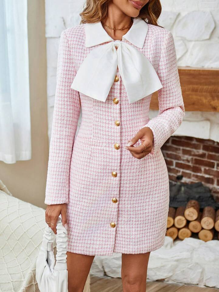 SHEIN Privé Plaid Pattern Tie Neck Button Front Tweed Overcoat | SHEIN